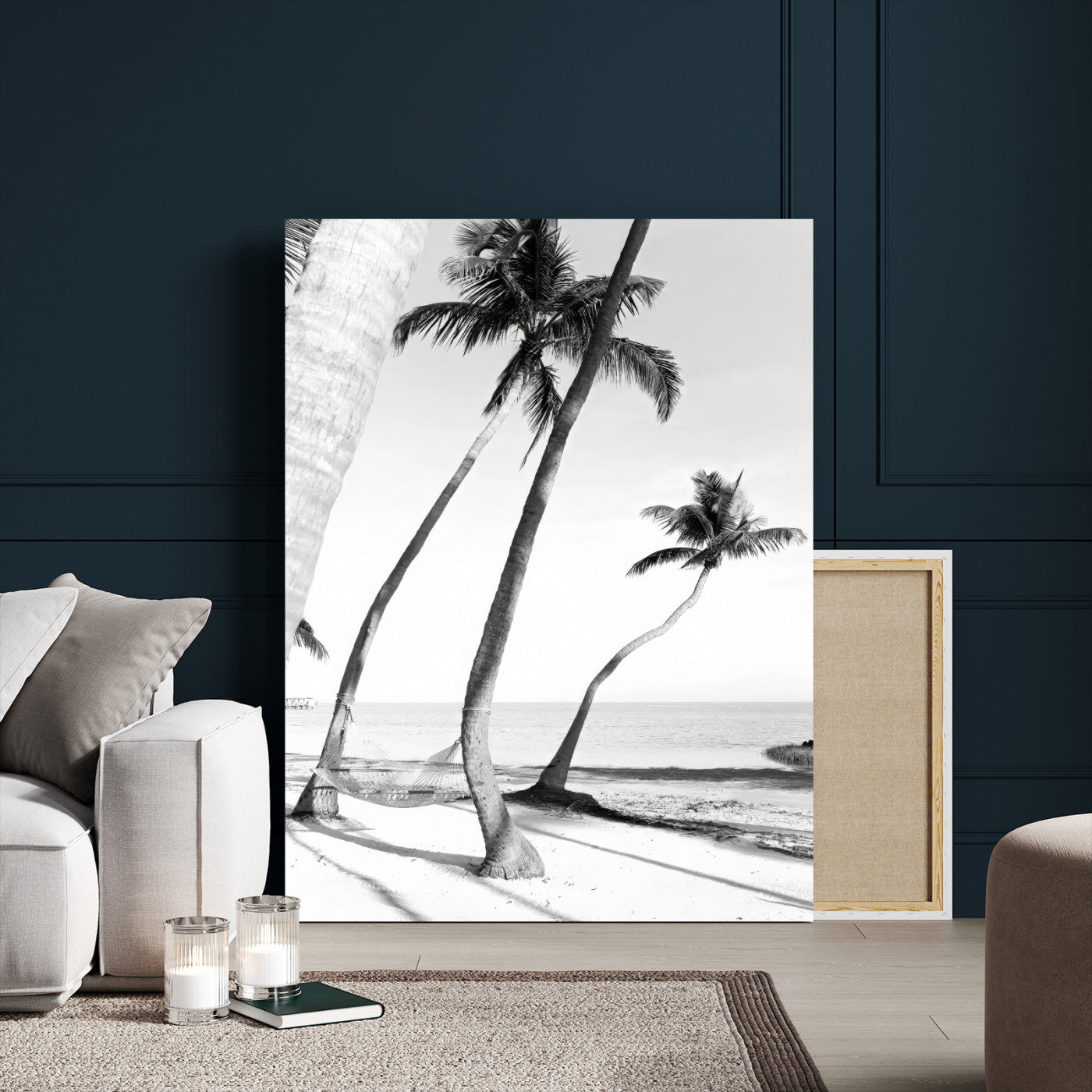 50406026-MGV-CV-24X36-Black White Palms Wall Art Canvas Print, Framed Tropical Beach Art Picture Print, Minimalist Coastal Perfect Coastal Minimalist