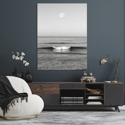 96234442-MGV-CV-24X36-Black White Ocean Scene Wall Art Canvas Print, Framed Full Moon Over Sea Art Picture Print, Tranquil Coastal Canvas Perfect