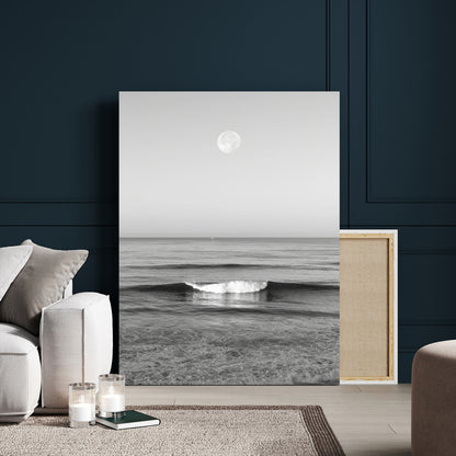 96234442-MGV-CV-24X36-Black White Ocean Scene Wall Art Canvas Print, Framed Full Moon Over Sea Art Picture Print, Tranquil Coastal Canvas Perfect