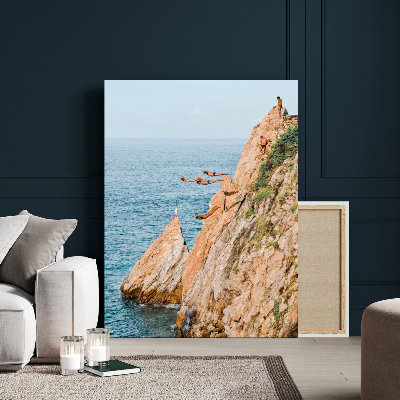 74527880-MGV-CV-24X36-Cliff Divers Wall Art Canvas Print, Framed Ocean Adventure Art Picture Print, Coastal Movement Perfect Adventurous Coastal Decor