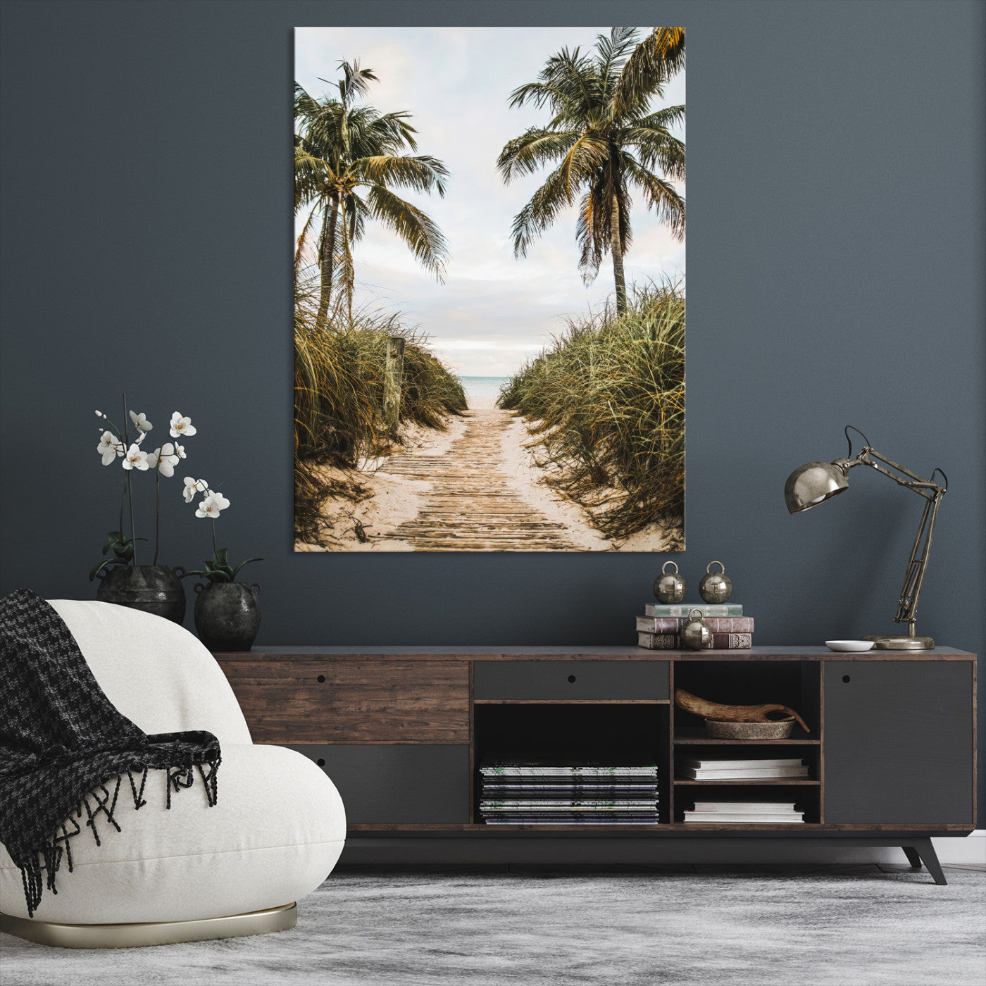 47319550-MGV-CV-24X36-Tropical Beach Wall Art Canvas Print, Framed Rustic Sand Art Picture Print, Palm Tree Perfect Tropical Coastal Decor Artwork