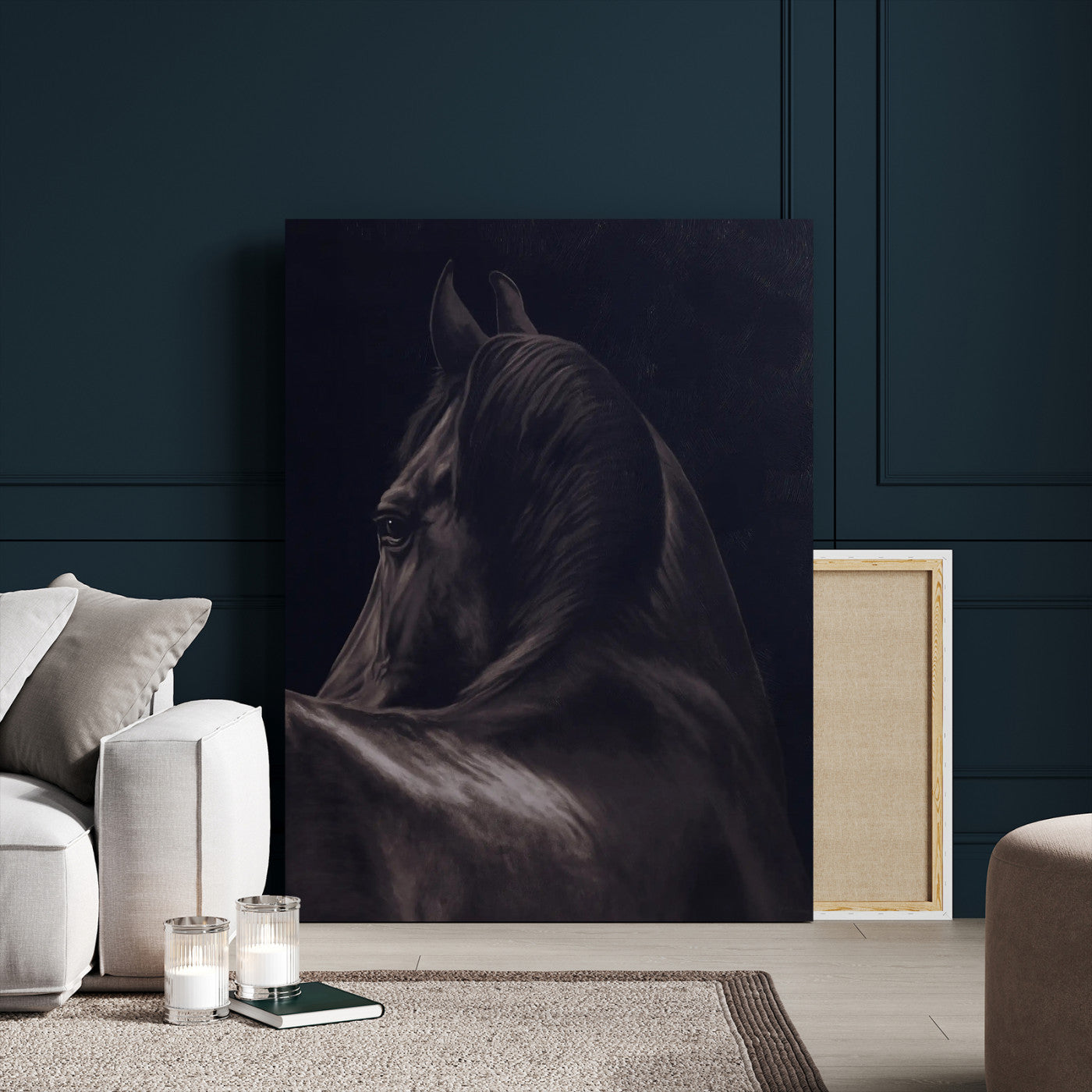 67026880-MGV-CV-24X36-Black Horse Portrait Wall Art Canvas Print, Framed Moody Horse Decor Art Picture Print, Equestrian Wall Style Perfect Masculine