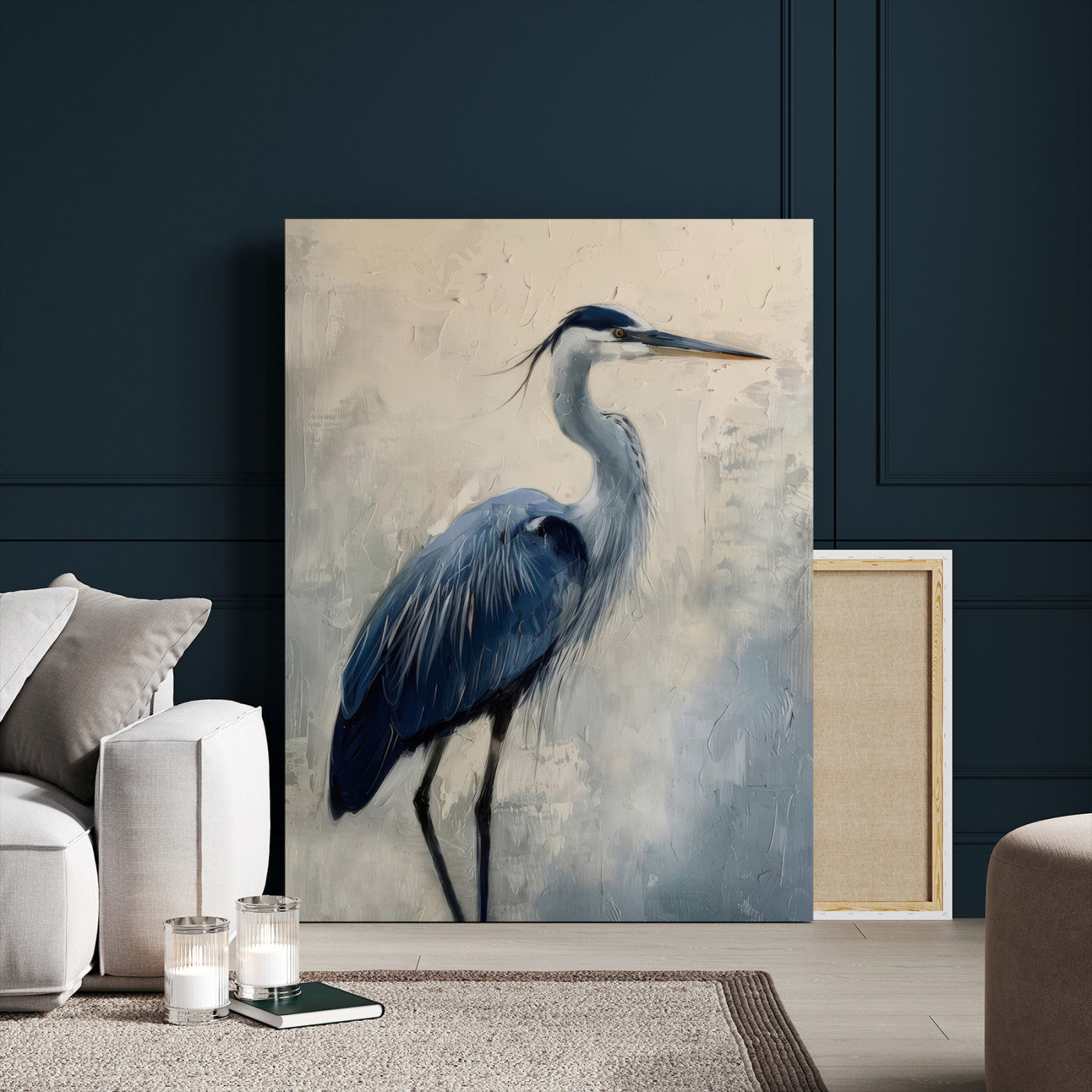 51380726-MGV-CV-24X36-Blue Heron Decor Wall Art Canvas Print, Framed Coastal Bird Design Art Picture Print, Minimal Heron Portrait Perfect Coastal