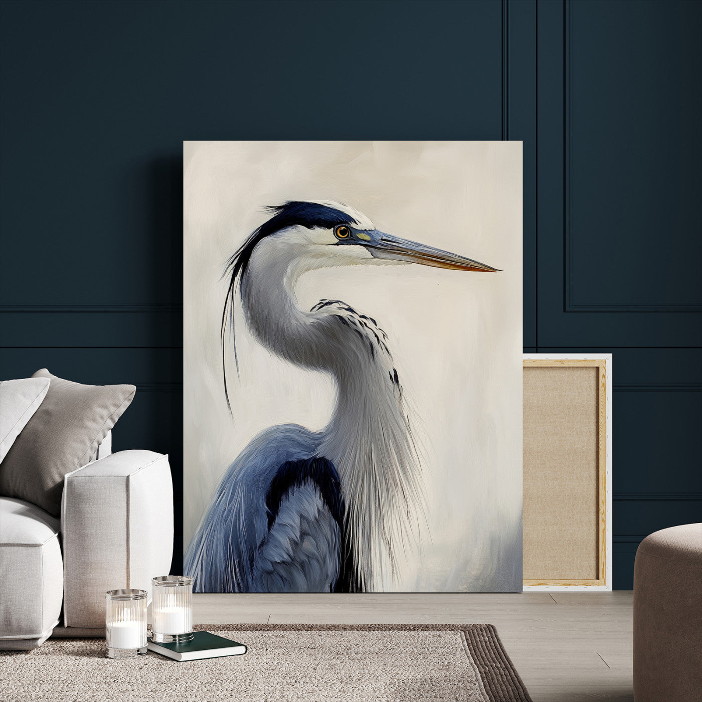79581184-MGV-CV-24X36-Blue Heron Wall Art Canvas Print, Framed Elegant Wildlife Art Picture Print, Minimalist Bird Theme Perfect Coastal Minimalist