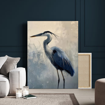68368019-MGV-CV-24X36-Blue Heron Art Wall Art Canvas Print, Framed Crane Bird Painting Art Picture Print, Elegant Wildlife Scene Perfect Coastal