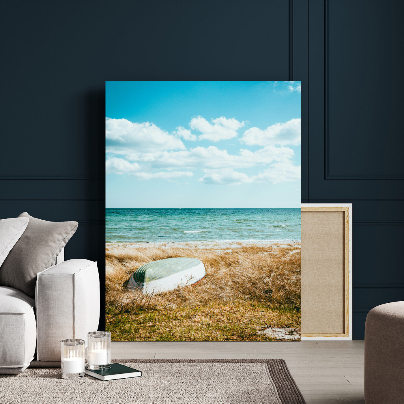 21725303-MGV-CV-24X36-Coastal Serenity Wall Art Canvas Print, Framed Ocean View Art Picture Print, Rustic Boat Perfect Nautical Coastal Decor Artwork