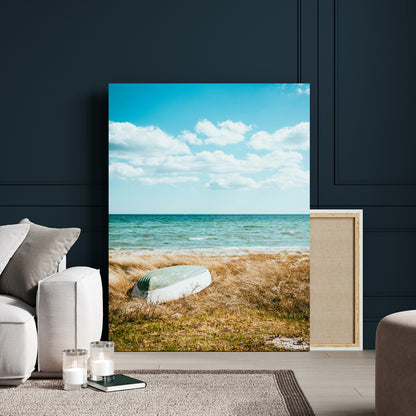 21725303-MGV-CV-24X36-Coastal Serenity Wall Art Canvas Print, Framed Ocean View Art Picture Print, Rustic Boat Perfect Nautical Coastal Decor Artwork