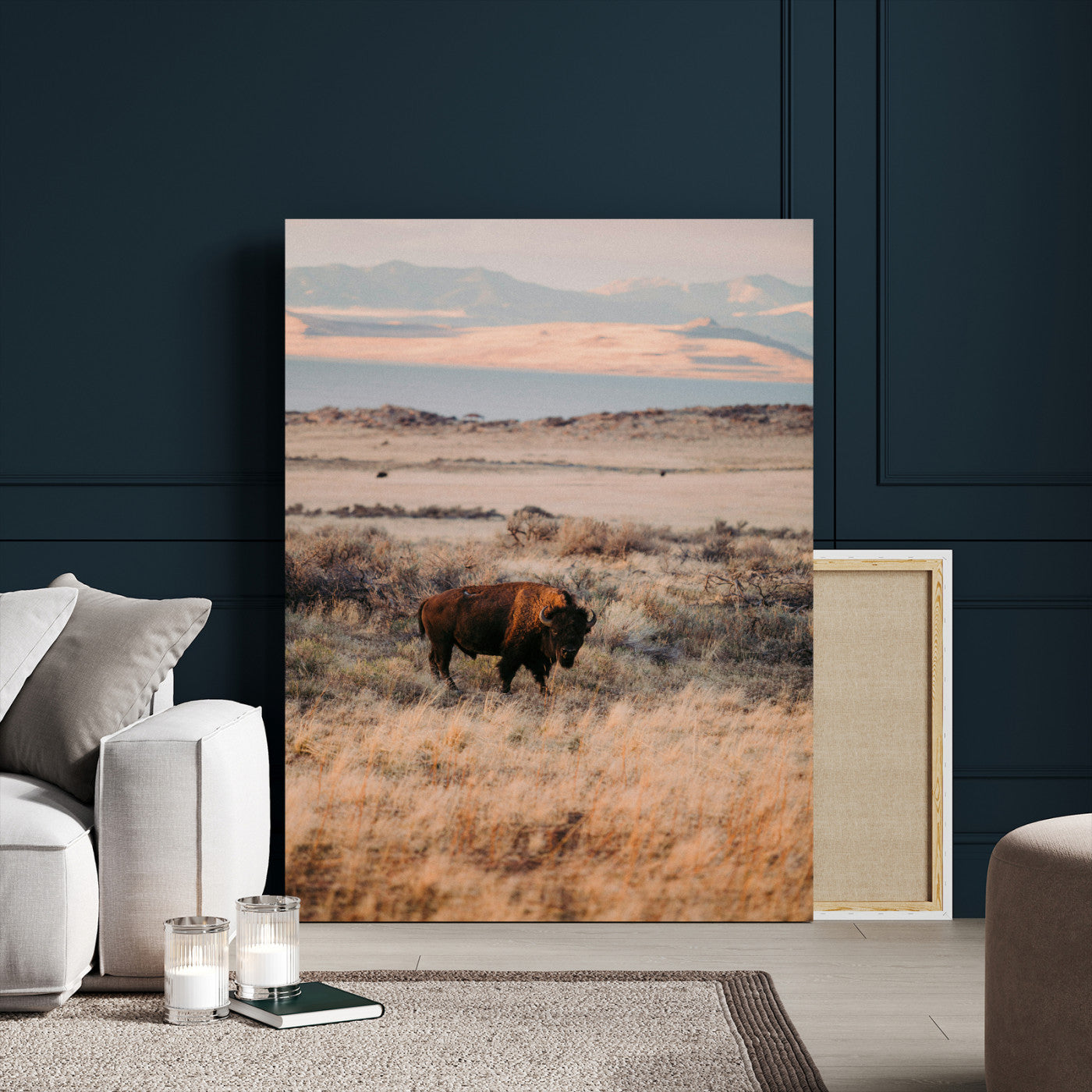 75146693-MGV-CV-24X36-Solitary Buffalo Wall Art Canvas Print, Framed Golden Prairie Art Picture Print, Earthy Tones Perfect Rustic Western Decor Artwork