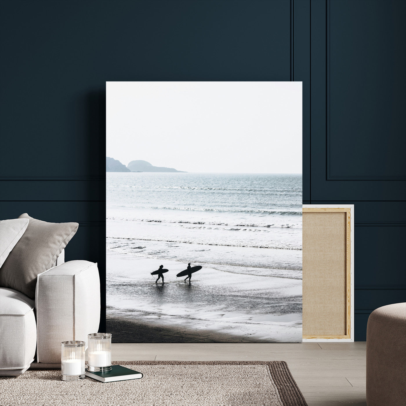 58090796-MGV-CV-24X36-Surfer Silhouettes Wall Art Canvas Print, Framed Minimalist Ocean Art Picture Print, Soft Horizon Perfect Minimalist Coastal Decor