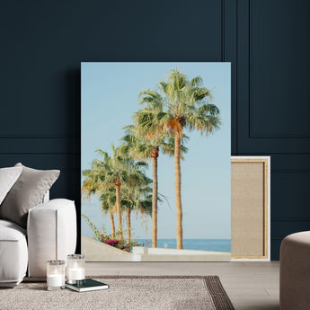 46777020-MGV-CV-24X36-Palm Tree Wall Art – Coastal Canvas Print with Tall Palms and Blue Sky, Minimal Tropical Photography, Relaxing Beach Decor for