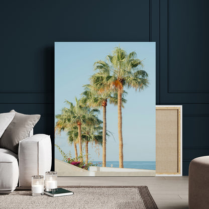 46777020-MGV-CV-24X36-Palm Tree Wall Art – Coastal Canvas Print with Tall Palms and Blue Sky, Minimal Tropical Photography, Relaxing Beach Decor for