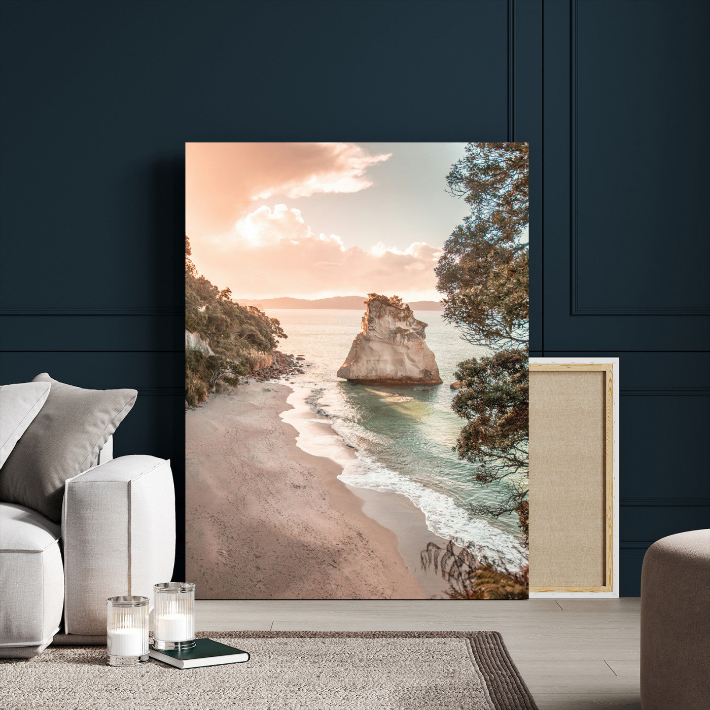 34220311-MGV-CV-24X36-Coastal Rock Wall Art – Sunset Beach Canvas Print with Ocean Waves and Golden Light, Scenic Seaside Photography for Bedroom,