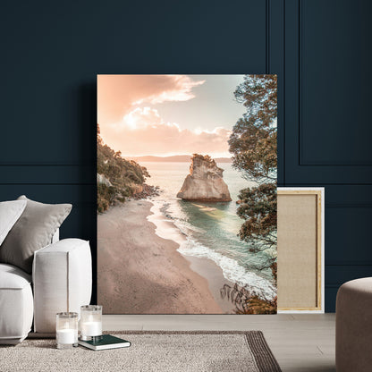 34220311-MGV-CV-24X36-Coastal Rock Wall Art – Sunset Beach Canvas Print with Ocean Waves and Golden Light, Scenic Seaside Photography for Bedroom,
