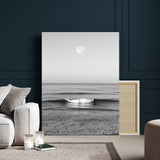 10207552-MGV-CV-24X36-Minimalist Ocean Moon Wall Art – Black and White Seascape Photography Print, Coastal Decor, Calm Ocean Waves with Full Moon for