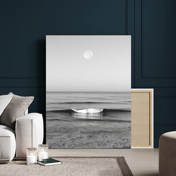 10207552-MGV-CV-24X36-Minimalist Ocean Moon Wall Art – Black and White Seascape Photography Print, Coastal Decor, Calm Ocean Waves with Full Moon for