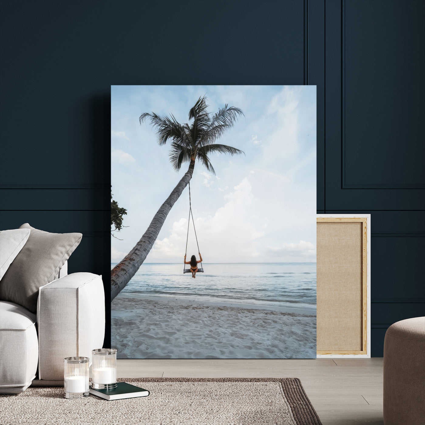 62893825-MGV-CV-24X36-Tropical Palm Tree Swing Wall Art – Ocean Beach Photography Print, Coastal Decor, Wanderlust Travel Photo for Boho Homes & Beach