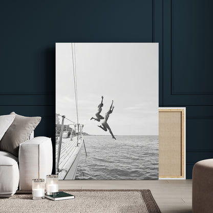 34708932-MGV-CV-24X36-Sailing Adventure Wall Art – Black and White Ocean Jump Canvas Print, Nautical Lifestyle Photography Decor for Living Room,