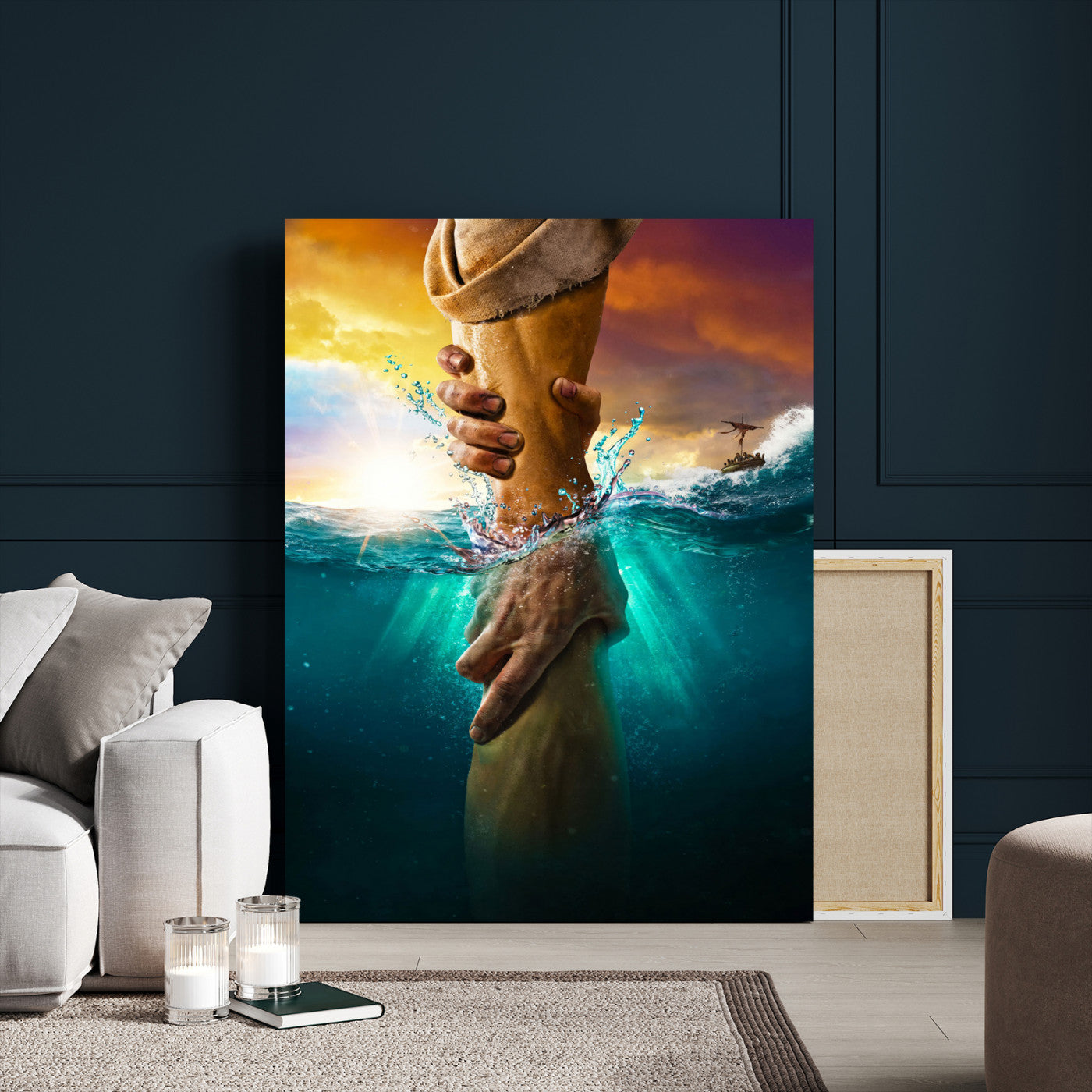 68298058-MGV-CV-24X36-Inspirational Wall Art – Helping Hands Canvas Print, Powerful Ocean and Light Photography Decor for Bedroom, Living Room, Office