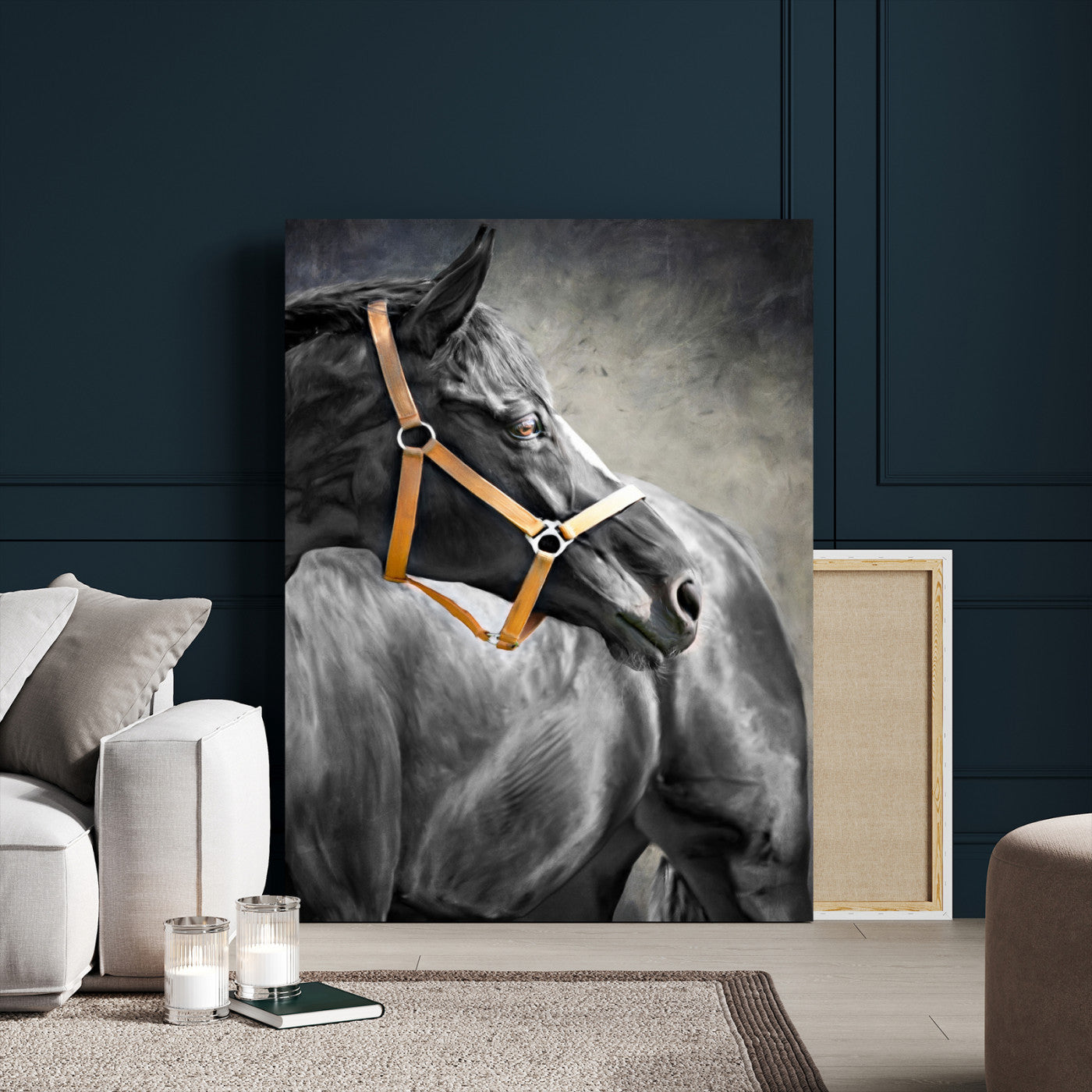 40324916-MGV-CV-24X36-Horse Wall Art – Equestrian Canvas Print, Elegant Black Stallion Portrait with Golden Halter, Rustic Western Photography Decor for