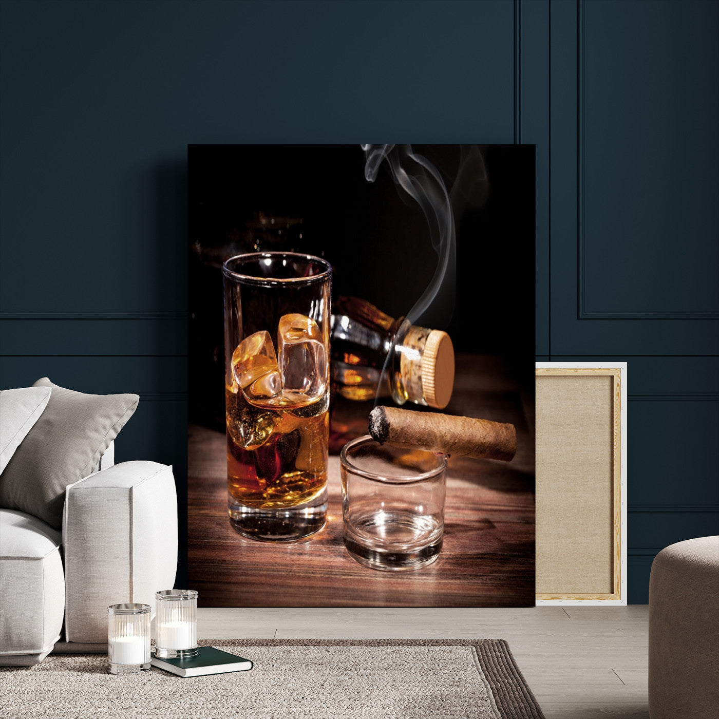 13274-MGV-CV-24X36-Whiskey Glass Wall Art Canvas Print, Framed Smoking Cigar Art Picture Print, Amber Whiskey Perfect Masculine Rustic Decor Artwork