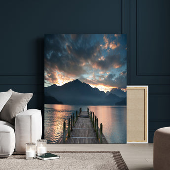 16043-MGV-CV-24X36-Mountain Lake Wall Art Canvas Print, Framed Sunset Reflection Art Picture Print, Calm Horizon Perfect Moody Nature Decor Artwork