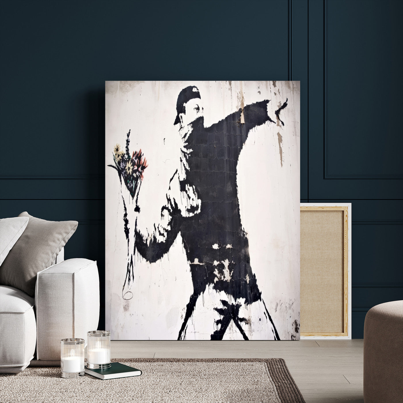 64032-MGV-CV-24X36-Flower Thrower Wall Art Canvas Print, Framed Urban Protest Art Picture Print, Graffiti Style Perfect Urban Contemporary Decor