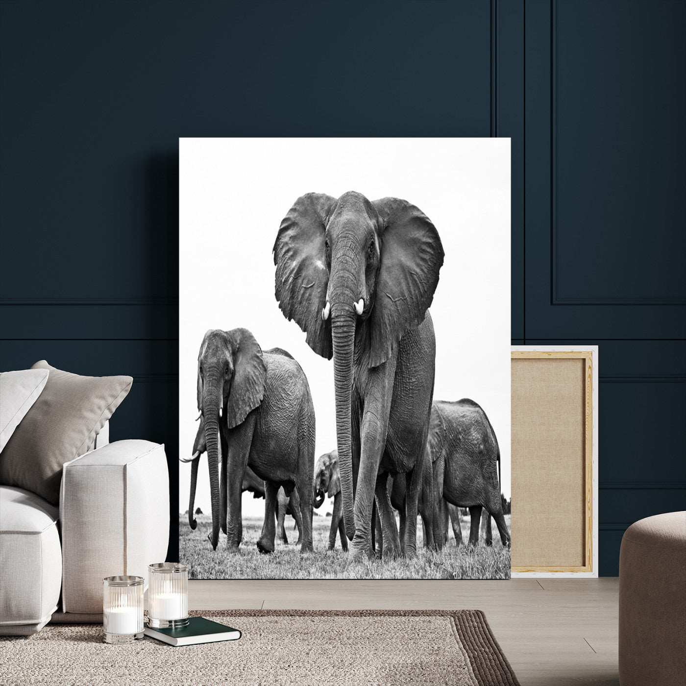 79634-MGV-CV-24X36-Elephant Herd Wall Art Canvas Print, Framed African Elephant Art Picture Print, Monochrome Wildlife Perfect Monochrome Safari