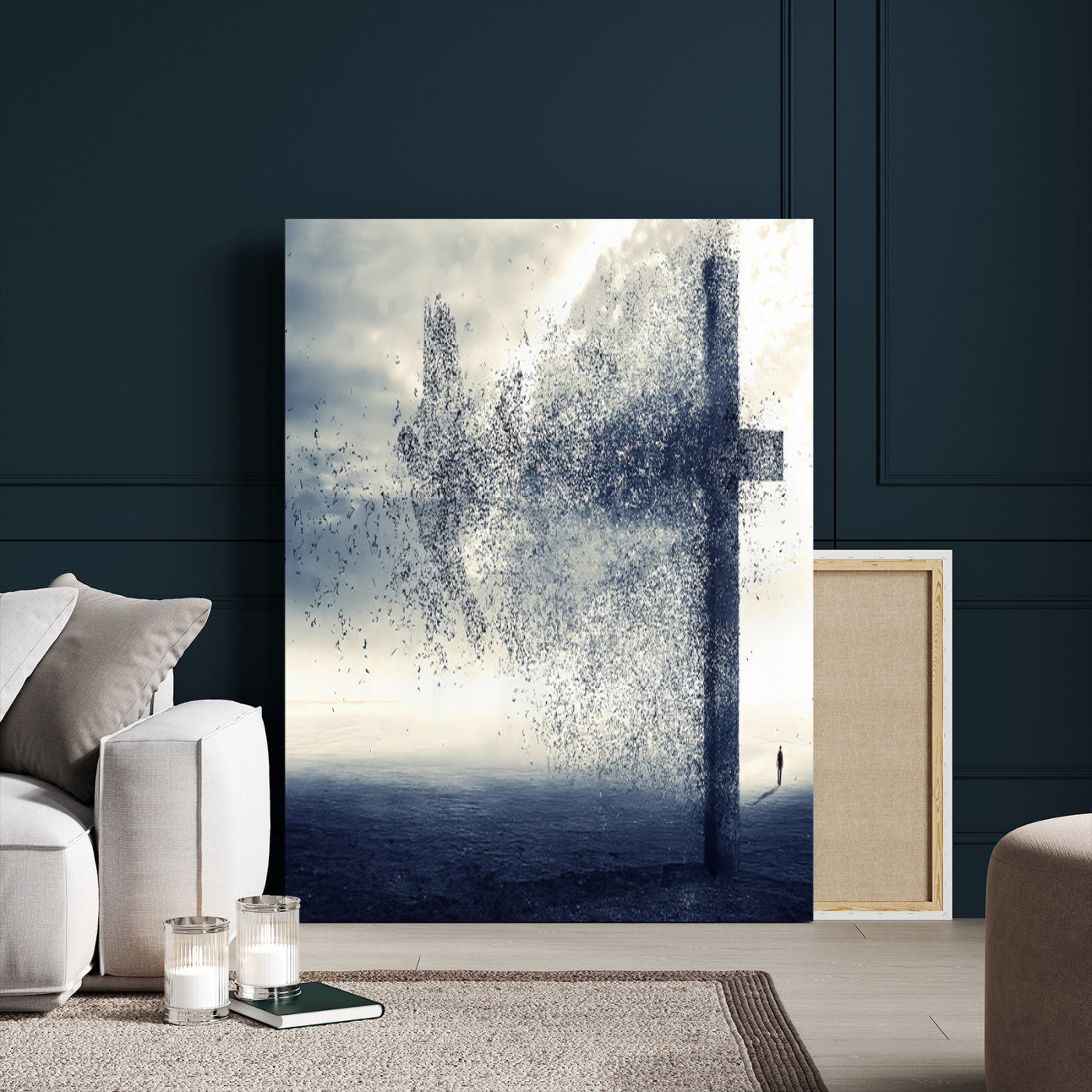 98984-MGV-CV-24X36-Disintegrating Cross Wall Art Canvas Print, Framed Abstract Symbol Art Picture Print, Conceptual Horizon Perfect Spiritual