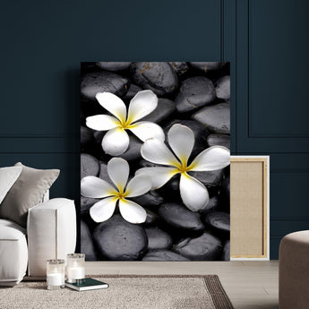 45657-MGV-CV-24X36-Large Wall Art White Flowers on Black Zen Meditation Stones Vertical Canvas Print