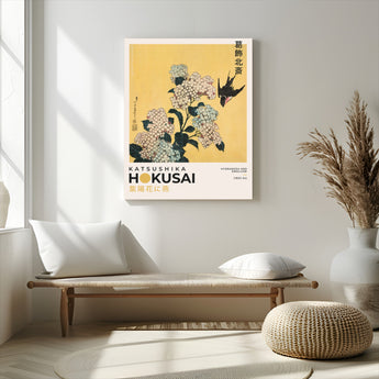 11004-MGV-CV-24X36-Hokusai Hydrangea Wall Art – Japanese Floral Canvas Print with Swallow Bird, Classic Ukiyo-e Nature Decor for Bedroom, Office or