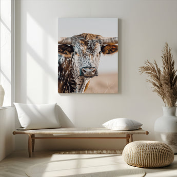 50803532-MGV-CV-24X36-Texas Longhorn Wall Art Canvas Print, Framed Speckled Cow Art Picture Print, Horned Bull Perfect Rustic Western Decor Artwork