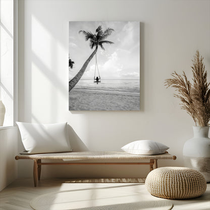78460277-MGV-CV-24X36-Black White Palms Wall Art Canvas Print, Framed Beach Swing Art Picture Print, Monochrome Coastal Perfect Minimalist Coastal Decor