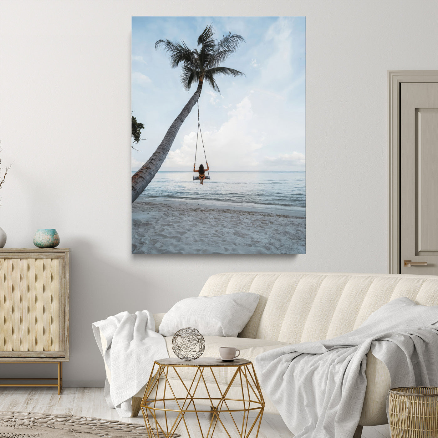 86062249-MGV-CV-24X36-Tropical Swing Wall Art Canvas Print, Framed Ocean Horizon Art Picture Print, Palm Trees Perfect Tropical Minimalist Decor Artwork