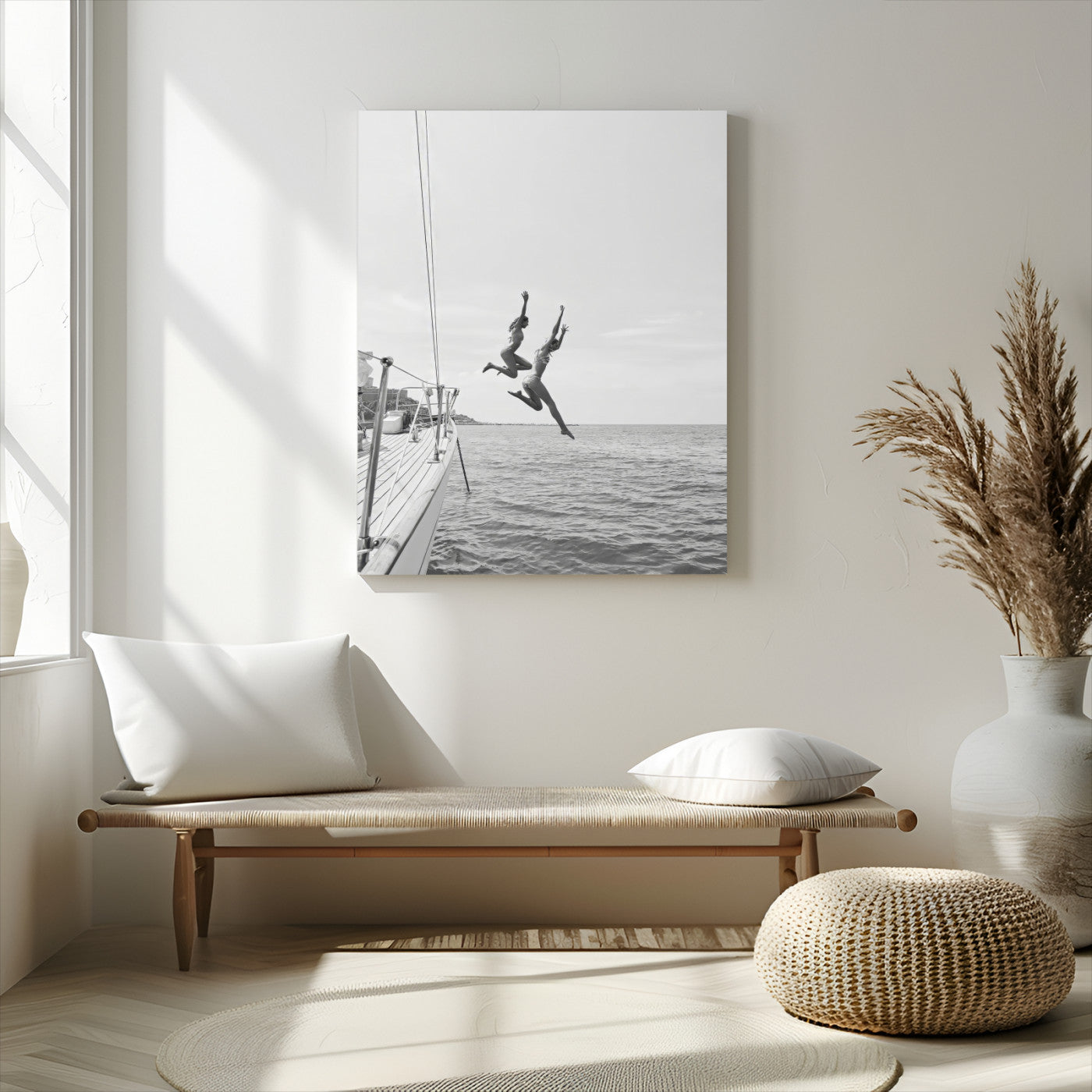 74555508-MGV-CV-24X36-Black White Sailing Wall Art Canvas Print, Framed Ocean Adventure Art Picture Print, Summer Energy Perfect Modern Minimalism Decor