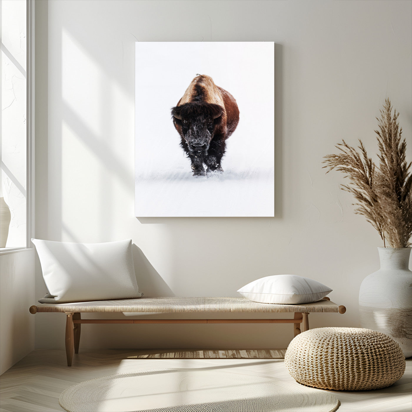 11394883-MGV-CV-24X36-Winter Bison Wall Art Canvas Print, Framed Rustic Wildlife Art Picture Print, Bold Animal Art Perfect Rustic Lodge Decor Artwork