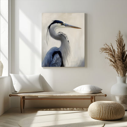 79581184-MGV-CV-24X36-Blue Heron Wall Art Canvas Print, Framed Elegant Wildlife Art Picture Print, Minimalist Bird Theme Perfect Coastal Minimalist