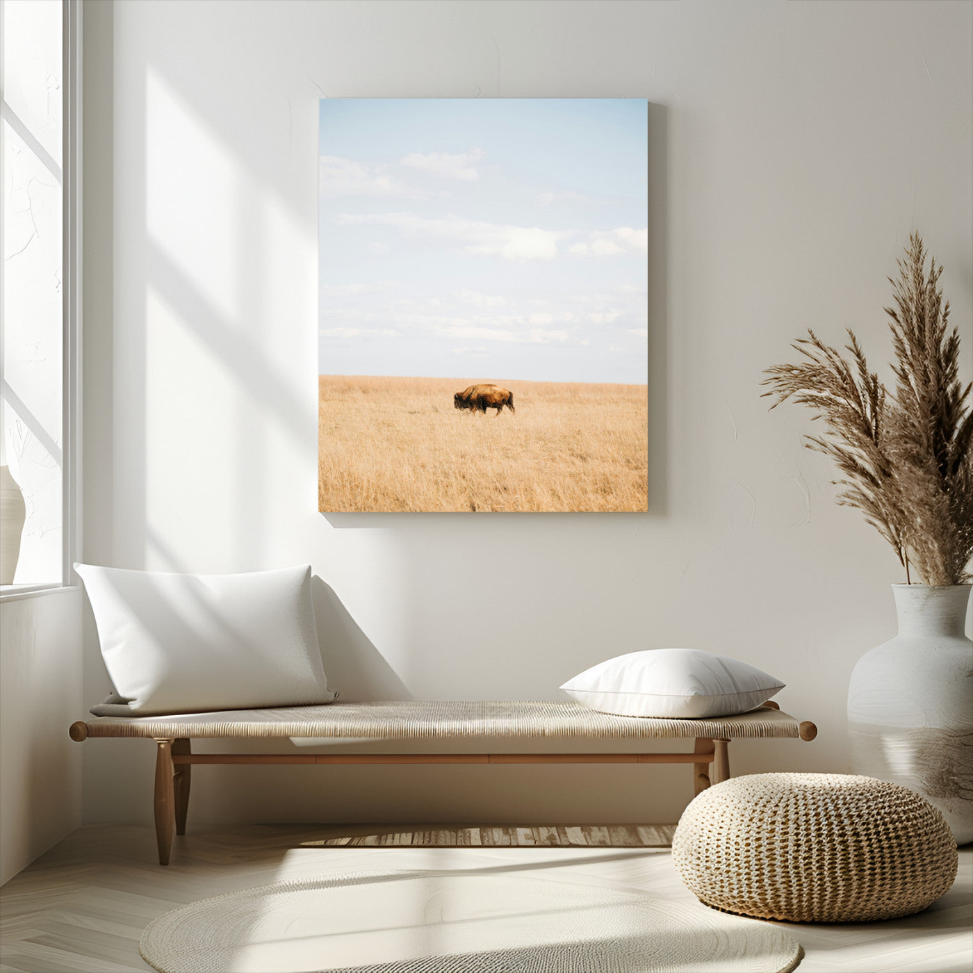 96766166-MGV-CV-24X36-Minimalist Nature Wall Art Canvas Print, Framed Bison In Grassland Art Picture Print, Open Field Perfect Modern Ranch Decor Decor