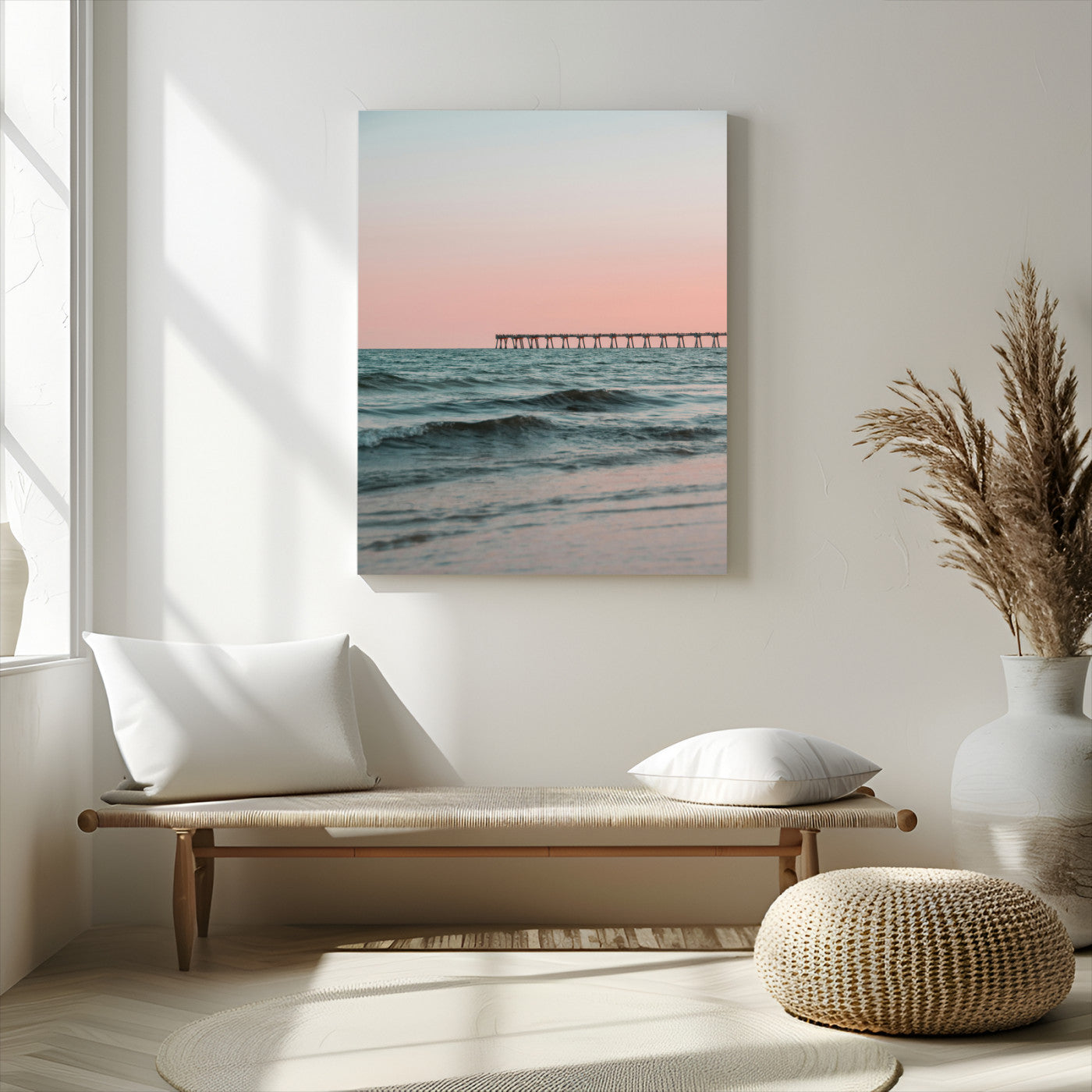 89450227-MGV-CV-24X36-Minimalist Seascape Wall Art Canvas Print, Framed Soft Pastel Sunset Art Picture Print, Tranquil Ocean Perfect Minimalist Coastal