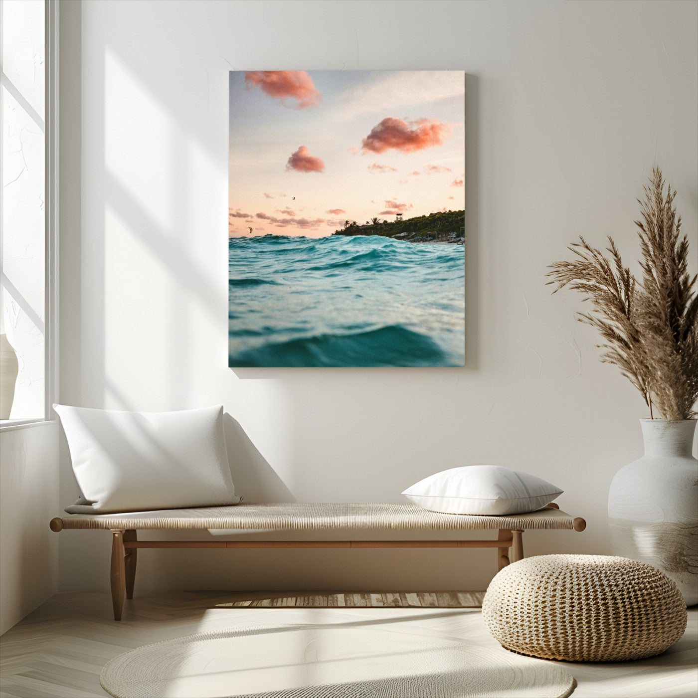 13960366-MGV-CV-24X36-Tropical Seascape Wall Art Canvas Print, Framed Sunset Ocean Art Picture Print, Coastal Aesthetic Perfect Coastal Bohemian Decor