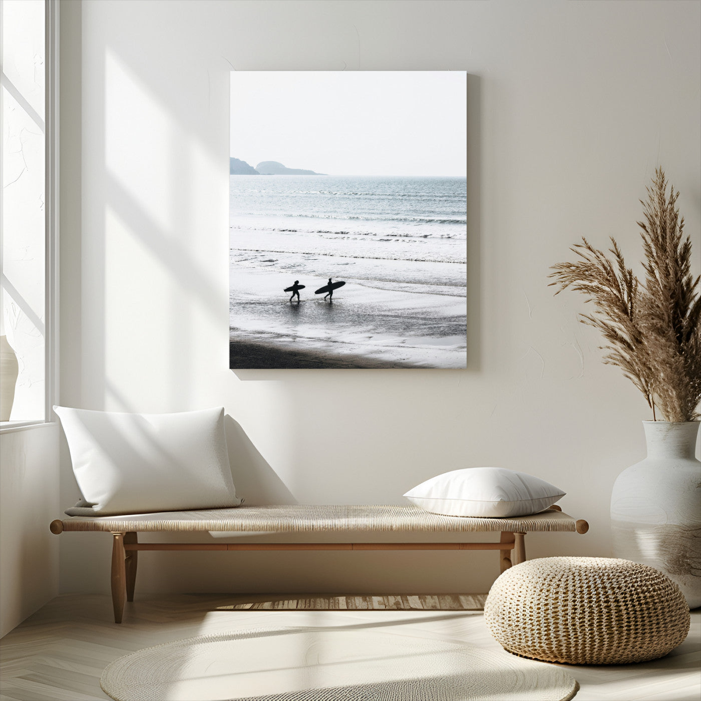 58090796-MGV-CV-24X36-Surfer Silhouettes Wall Art Canvas Print, Framed Minimalist Ocean Art Picture Print, Soft Horizon Perfect Minimalist Coastal Decor
