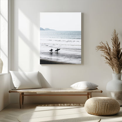 58090796-MGV-CV-24X36-Surfer Silhouettes Wall Art Canvas Print, Framed Minimalist Ocean Art Picture Print, Soft Horizon Perfect Minimalist Coastal Decor