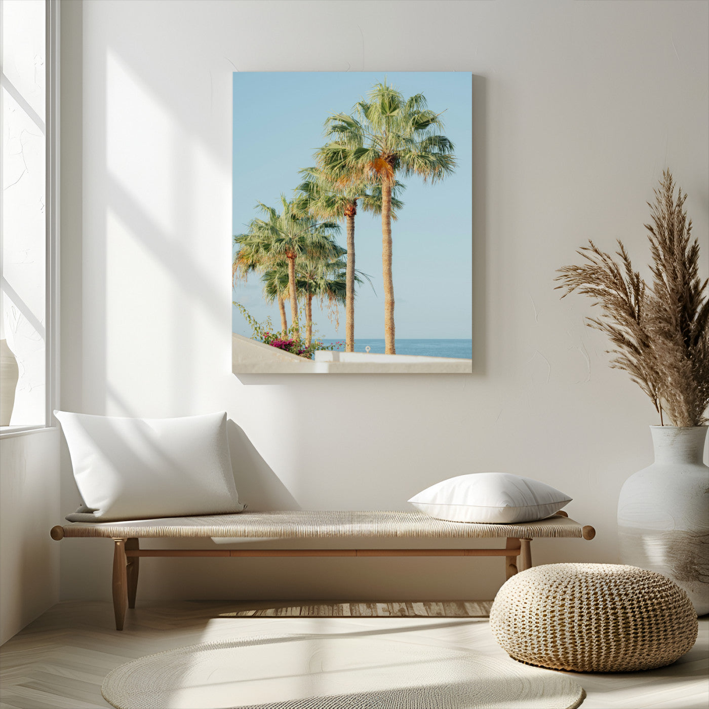 46777020-MGV-CV-24X36-Palm Tree Wall Art – Coastal Canvas Print with Tall Palms and Blue Sky, Minimal Tropical Photography, Relaxing Beach Decor for