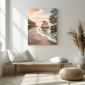 34220311-MGV-CV-24X36-Coastal Rock Wall Art – Sunset Beach Canvas Print with Ocean Waves and Golden Light, Scenic Seaside Photography for Bedroom,