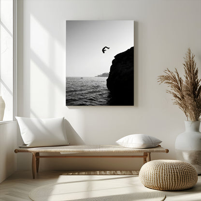 36618494-MGV-CV-24X36-Modern Wall Art – Cliff Diver Black and White Canvas Print, Bold Ocean Photography Decor for Bedroom, Living Room, Office, Coastal