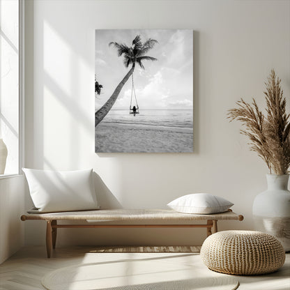 41303063-MGV-CV-24X36-Coastal Wall Art – Palm Tree Swing Black and White Canvas Print, Tropical Beach Photography Decor for Bedroom, Living Room,