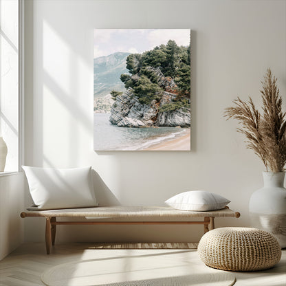 82638964-MGV-CV-24X36-Coastal Wall Art – Rocky Cliff and Pine Trees Canvas Print, Scenic Mountain and Shoreline Photography Decor for Bedroom, Living