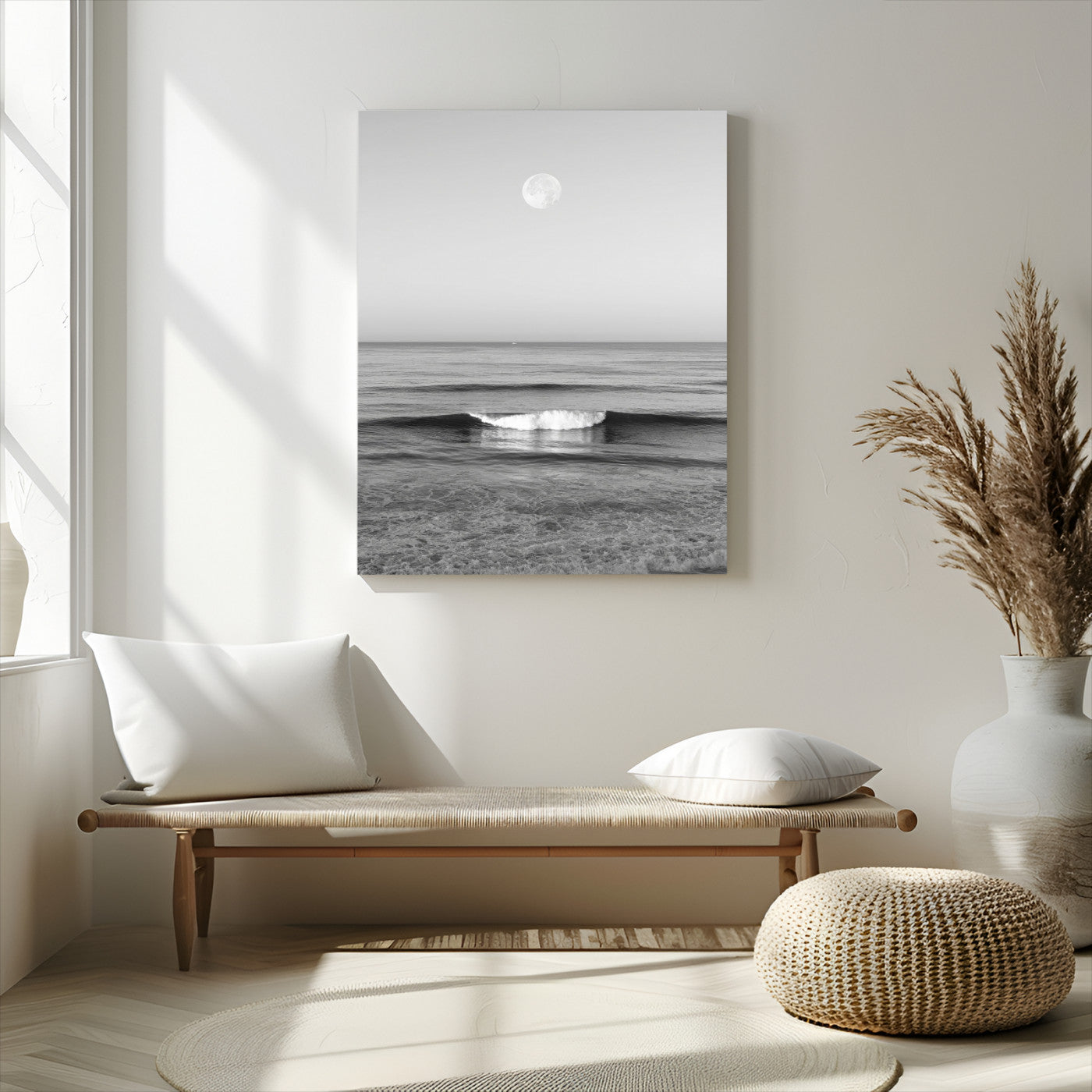 10207552-MGV-CV-24X36-Minimalist Ocean Moon Wall Art – Black and White Seascape Photography Print, Coastal Decor, Calm Ocean Waves with Full Moon for