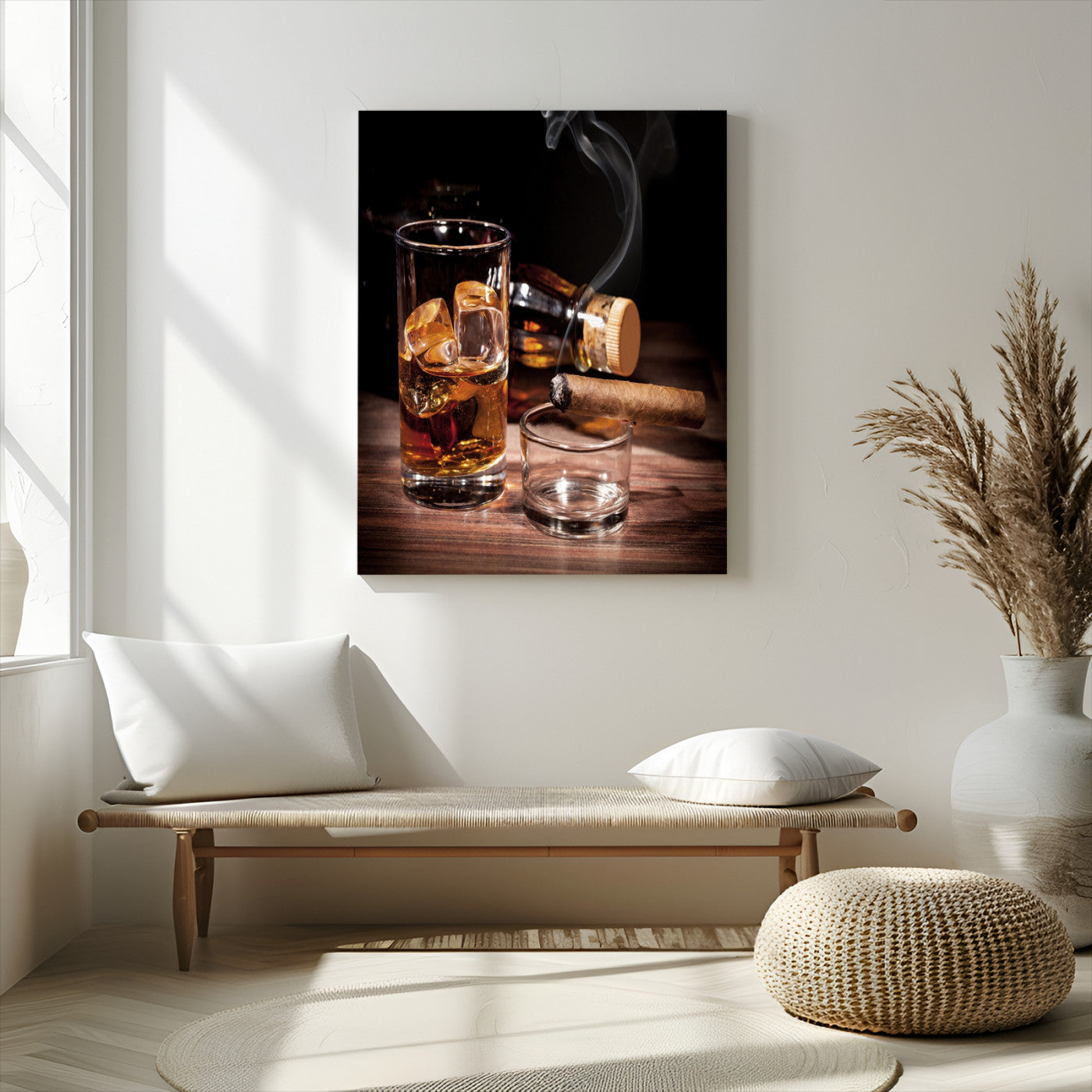 13274-MGV-CV-24X36-Whiskey Glass Wall Art Canvas Print, Framed Smoking Cigar Art Picture Print, Amber Whiskey Perfect Masculine Rustic Decor Artwork