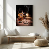 13274-MGV-CV-24X36-Whiskey Glass Wall Art Canvas Print, Framed Smoking Cigar Art Picture Print, Amber Whiskey Perfect Masculine Rustic Decor Artwork