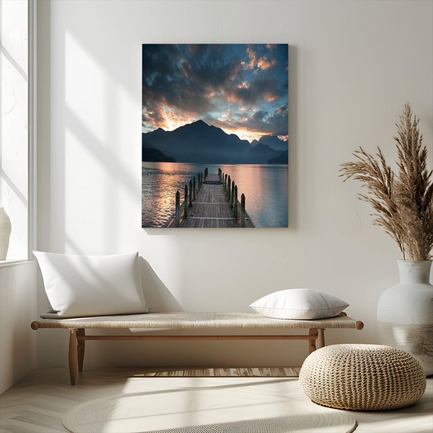 16043-MGV-CV-24X36-Mountain Lake Wall Art Canvas Print, Framed Sunset Reflection Art Picture Print, Calm Horizon Perfect Moody Nature Decor Artwork